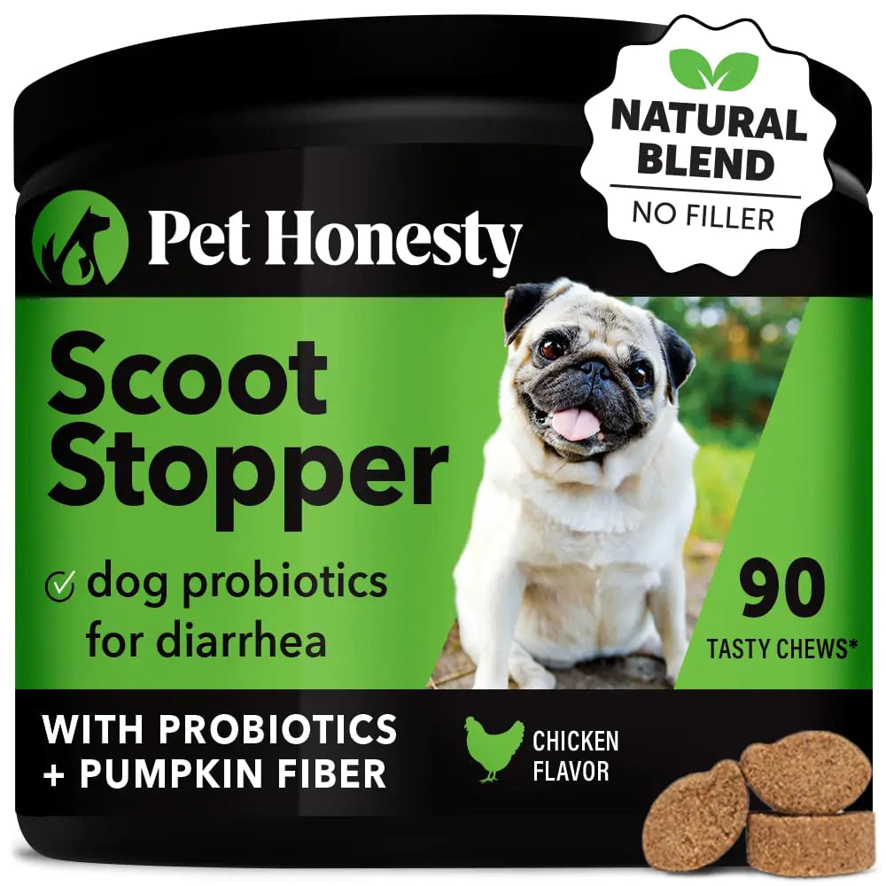 Pet Honesty Scoot Stopper – Digestion & Health Supplement for Dogs – Anal Gland Support, Diarrhea & Bowel Relief – Fiber, Probiotics & Digestive Enzymes (90 ct)