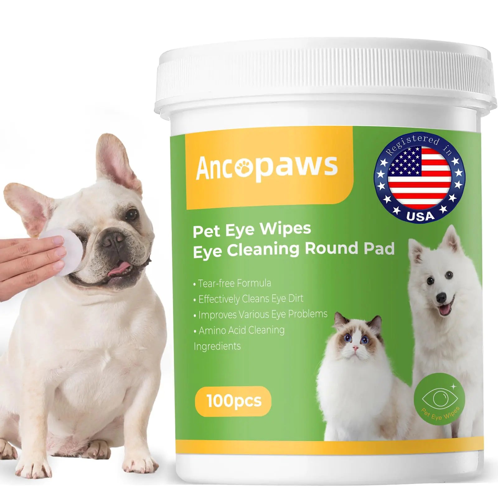 Ancopaws™ Eye Wipes for Dogs & Cats – Tear Stain & Discharge Remover (100 Pads)