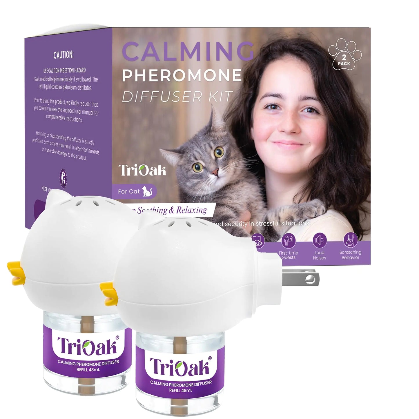 TriOak Cat Pheromones Calming Diffuser: Premium Cat Calming Diffuser - Cat Pheromone Diffuser - Pheromone Diffuser to Calm Cats - Cute Shape Feline Pheromone Diffuser 2Pack (Purple)