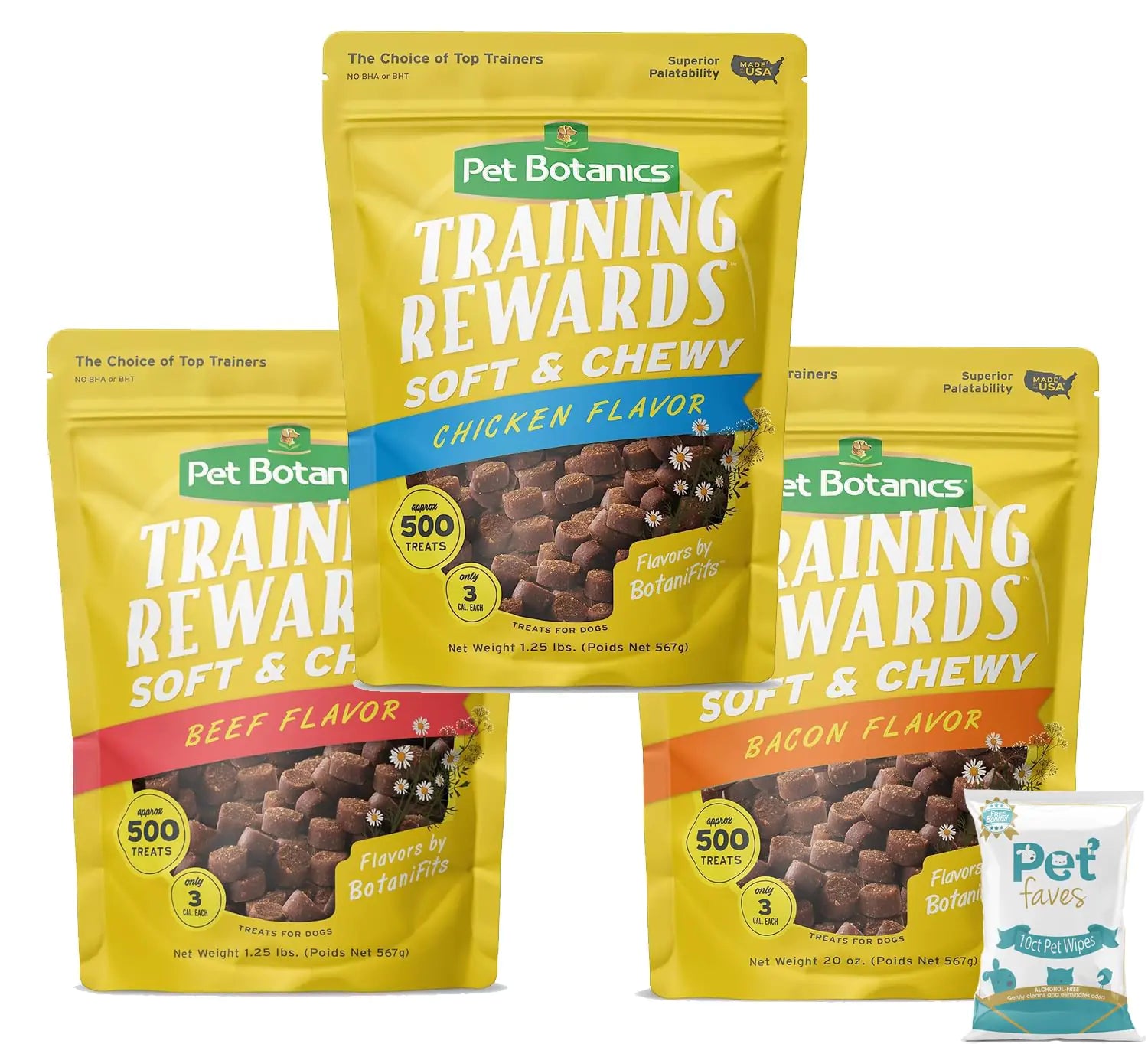 (3-Pack) Dog Training Rewards Treats – Bacon, Beef & Chicken – No BHA, BHT or Ethoxyquin – 20 oz Each + Bonus 10ct Pet Wipes