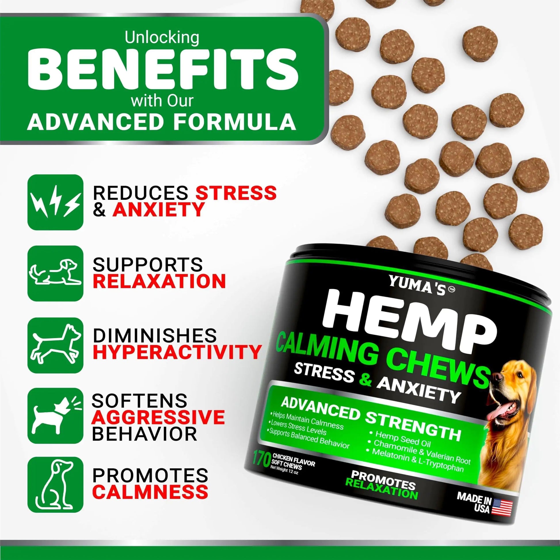 Hemp Calming Chews for Dogs – Advanced Stress & Anxiety Relief – 170 Chicken-Flavored Treats