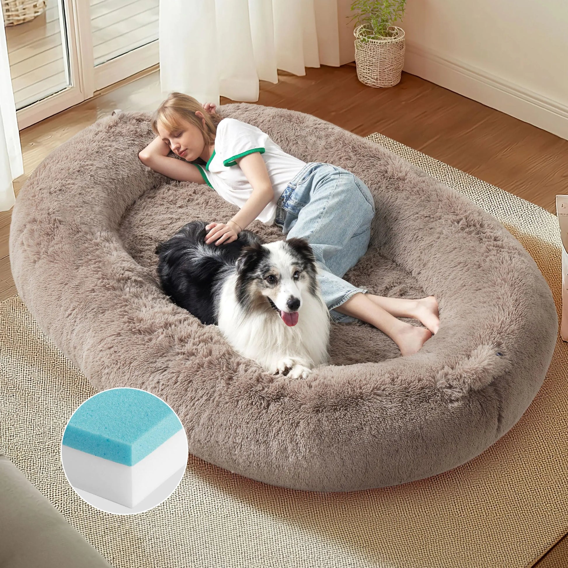 Bedsure Memory Foam Human Dog Bed 72"x48"x12" – Calming Giant Dog Bed for Adults, Pet Families – Fluffy Faux Fur Orthopedic Bean Bed with Storage Pocket – Camel